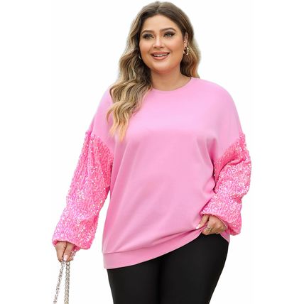 Pink Plus Size Sequin Sleeve Drop Shoulder Sweatshirt