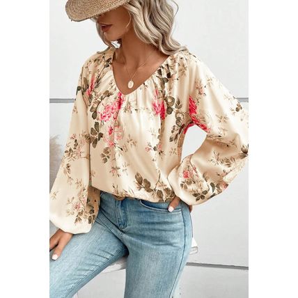 Beige Floral Print Lantern Sleeve V-Neck Blouse