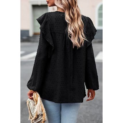 Black Lace Eyelet Ruffle Shoulder Long Sleeve Blouse