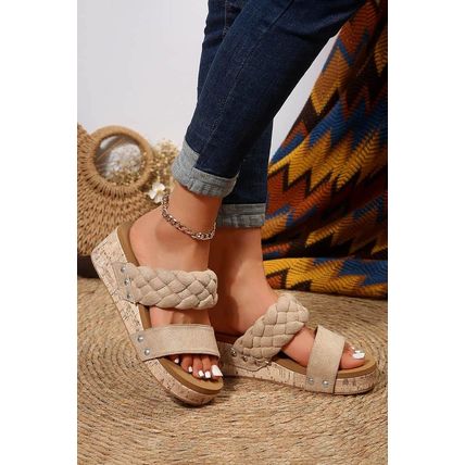Light French Beige Woven Suede Band Wedge Slippers