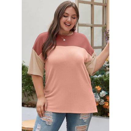 Rose Pink Plus Size Ribbed Colorblock T-shirt