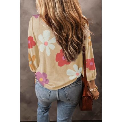 Apricot Cute Flower Print Bracelet Sleeve Top