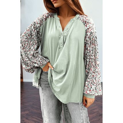 Meadow Mist Green Contrast Printed Bubble Sleeve Henley Loose Top with Slits