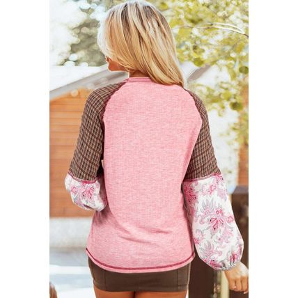 Fushia Mixed Print Patchwork Raglan Ribbed Knit Top
