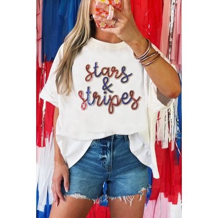 White Sequin stars & stripes Graphic Drop Shoulder Loose T Shirt