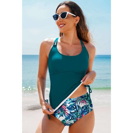 Sea Green Drawstring Tummy Control Mix-and-match 2pcs Tankini Swimsuit