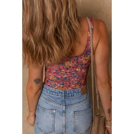 Purple Floral Printed Mesh U Neck Sleeveless Bodysuit