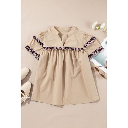 Smoke Gray Leopard Ruffles Trim Tiered Short Sleeve Blouse
