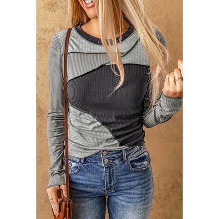 Gray Expose Seam Color Block Ribbed Knit Top