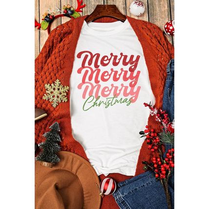 White Merry Christmas Crew Neck Graphic Tee