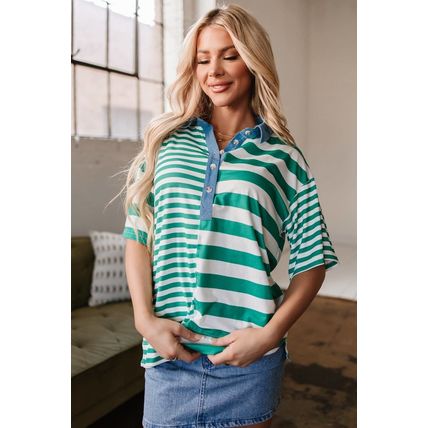 Green Stripe Colorblock Collar Half Buttons T Shirt