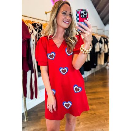 Fiery Red Heart Shape Patchwork Textured Collared V Neck Mini Dress