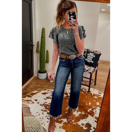 Dark Grey Layered Ruffle Short Sleeve Round Neck Top