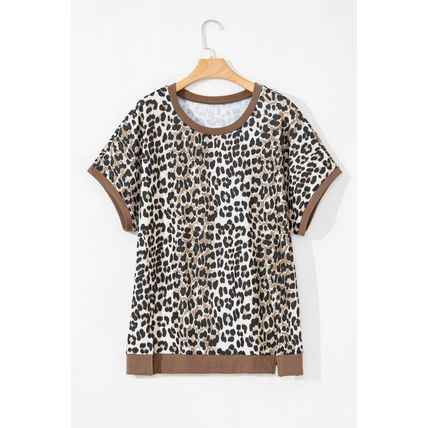 Khaki Leopard Contrast Trim Short Sleeve Loose Plus Size Top
