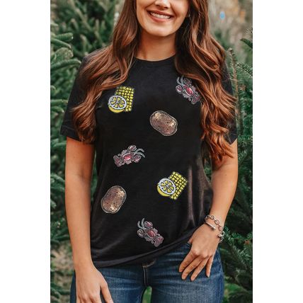 Black Sequin Crawfish Potato Lemon Corn Graphic Crewneck T Shirt