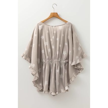 Gray Star Print Crinkle Textured Kimono Ruffle Sleeve Romper
