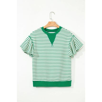 Bright Green Contrast Detail Striped Ruffle Short Sleeve Top