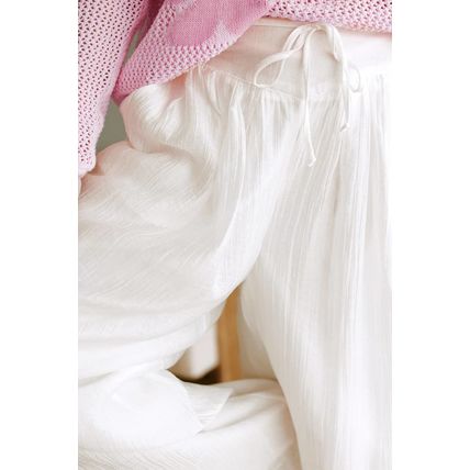 White Casual Tie Waist Pleated Wide Leg Pants
