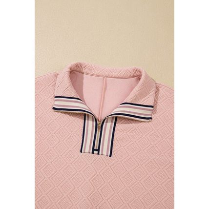 Light Pink Striped Collared Zip up Textured Skirt Set