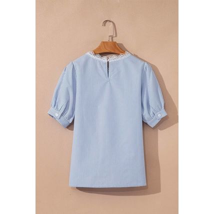 Sky Blue Stripe Floral Lace Splicing Puff Sleeve Blouse