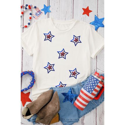 White Independence Day Sequin Star Patched T Shirt