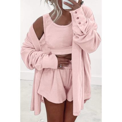 Light Pink 3 Pcs Crop Tank Top Shorts with Cardigan Lounge Set