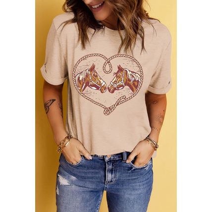 Khaki Rodeo Horse Graphic Western Cowgirl Fashion T Shirt