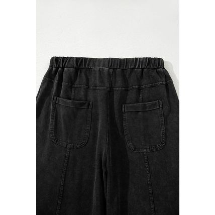 Black Mineral Wash Exposed Seam Drawstring High Waist Wide Leg Cargo Pants