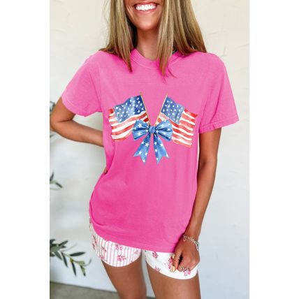 Sachet Pink Dual American Flag Bow Printed Casual T Shirt