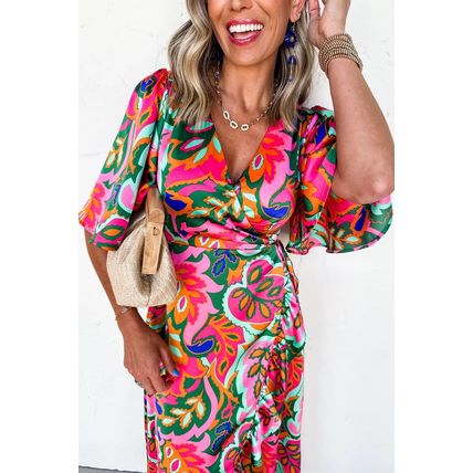 Rose Summer Plant Print Surpliced V Neck Ruffled Asymmetric Slit Wide Short Slee