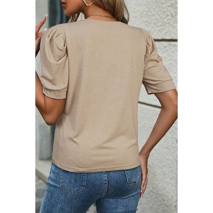 Parchment Solid Color Ruched Puff Sleeve T Shirt