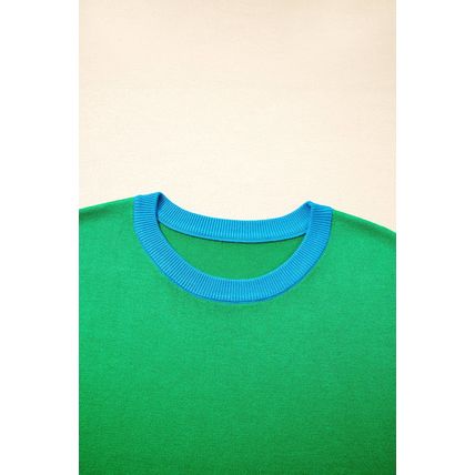 Green Contrast Trim Round Neck Short Sleeve Loose Knit Sweater