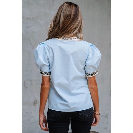 Beau Blue Sequin Baseball Set Contrast Leopard Trim Short Puff Sleeve Blouse