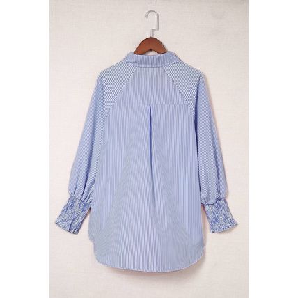 Blue Stripe Smocked Cuffed Striped Boyfriend Shirt with Pocket
