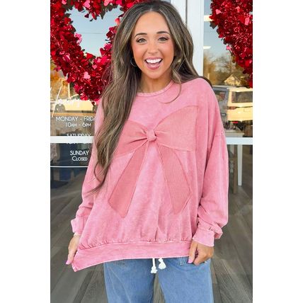Bright Pink Mineral Wash Big Bow Patchwork Pullover Sweatshirt