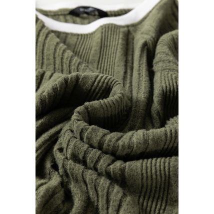 Moss Green Ribbed Contrast Cuffed Round Neck Long Sleeve T Shirt