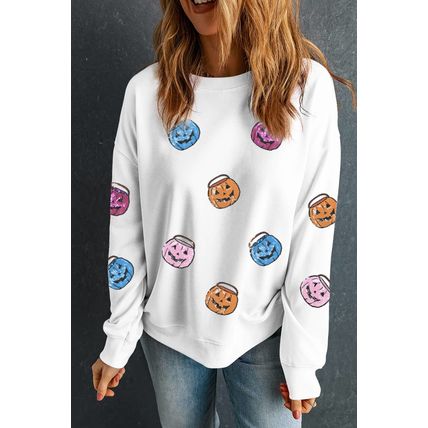 White Halloween Pumpkin Lantern Sequin Patched Sweatshirt