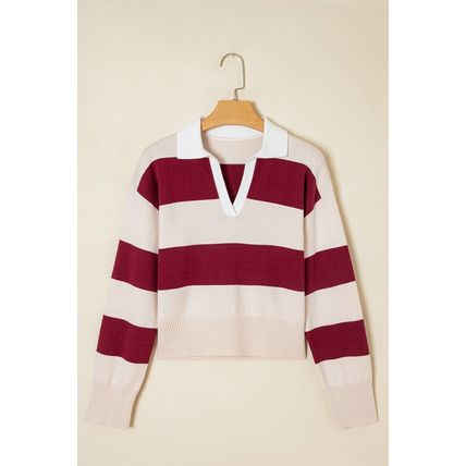 Brown Ribbed Trim Color Block Knitted Polo Collar Sweater