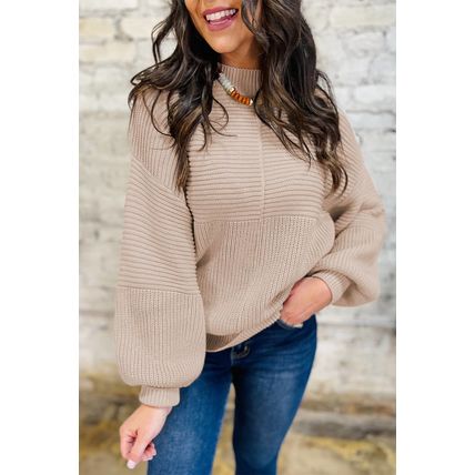 Parchment Mixed Texture Patchwork Knitted Puff Sleeve Sweater