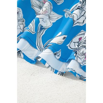 Sky Blue V Neck Floral Print 3/4 Puff Sleeve Blouse