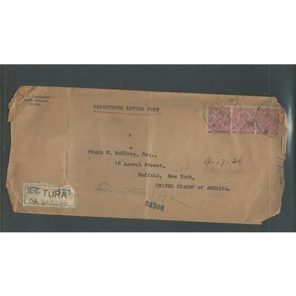 India 1930 Registered Letter From Tura, Assam to Buffalo USA