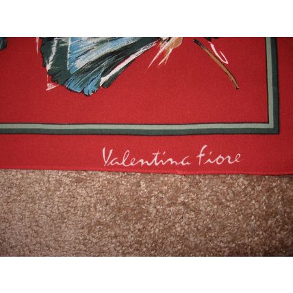 Vintage Red Valentina Fiore Scarf w/ Turquoise and Green Plumes