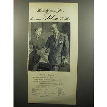 1951 Lebow Clothes Superfine Worsted Suits Ad - The Lady says, Yes