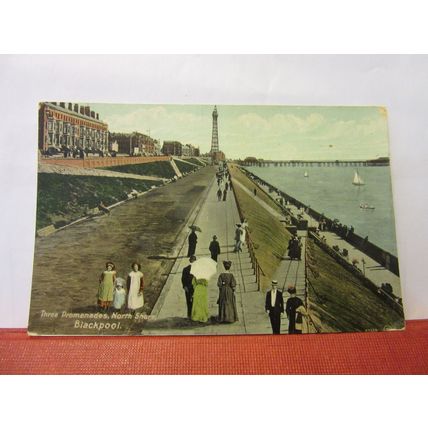 THREE PROMENADES, NORTH SHORE , BLACKPOOL, LANCASHIRE antique postcard 1910 pm =