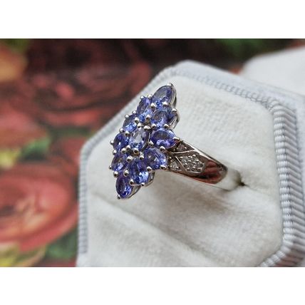 Natural Tanzanite Zircon Rhombus Cluster Ring Sz P½ Platinum Overlay 925 Silver