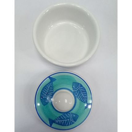 Pier 1 Italian Ceramic Covered Fish Dish Blue And Green Hand Painted With Lid