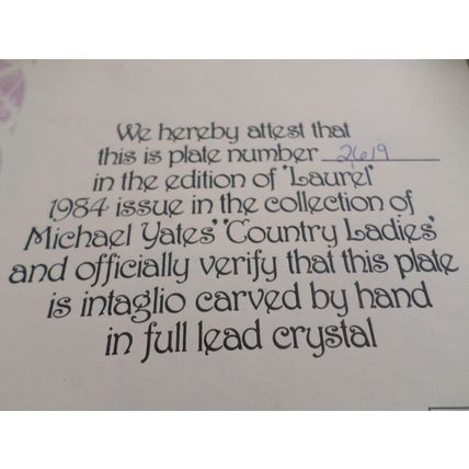 MICHAEL YATES - COUNTRY LADIES - LAUREL - MORGANTOWN - LEAD CRYSTAL PLATE -BOXED