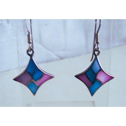 925 Earrings Mother-of-Pearl Pastel Pink & Blue Pierced Drops Sterling Silver