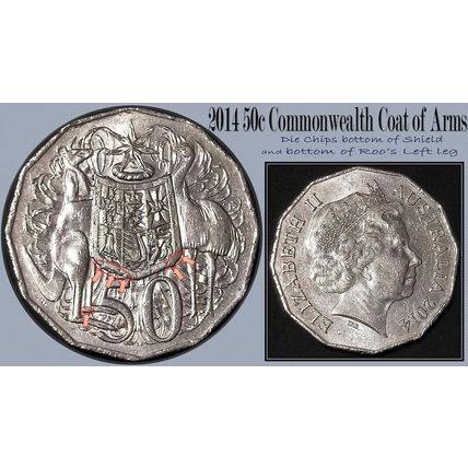 Australia 2014 50c Coat of Arms 'Die Chips on Roo's (L) Leg and (Bottom) Shield
