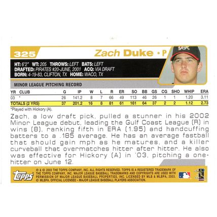 2004 Topps #325 Zach Duke RC Pittsburgh Pirates (521)